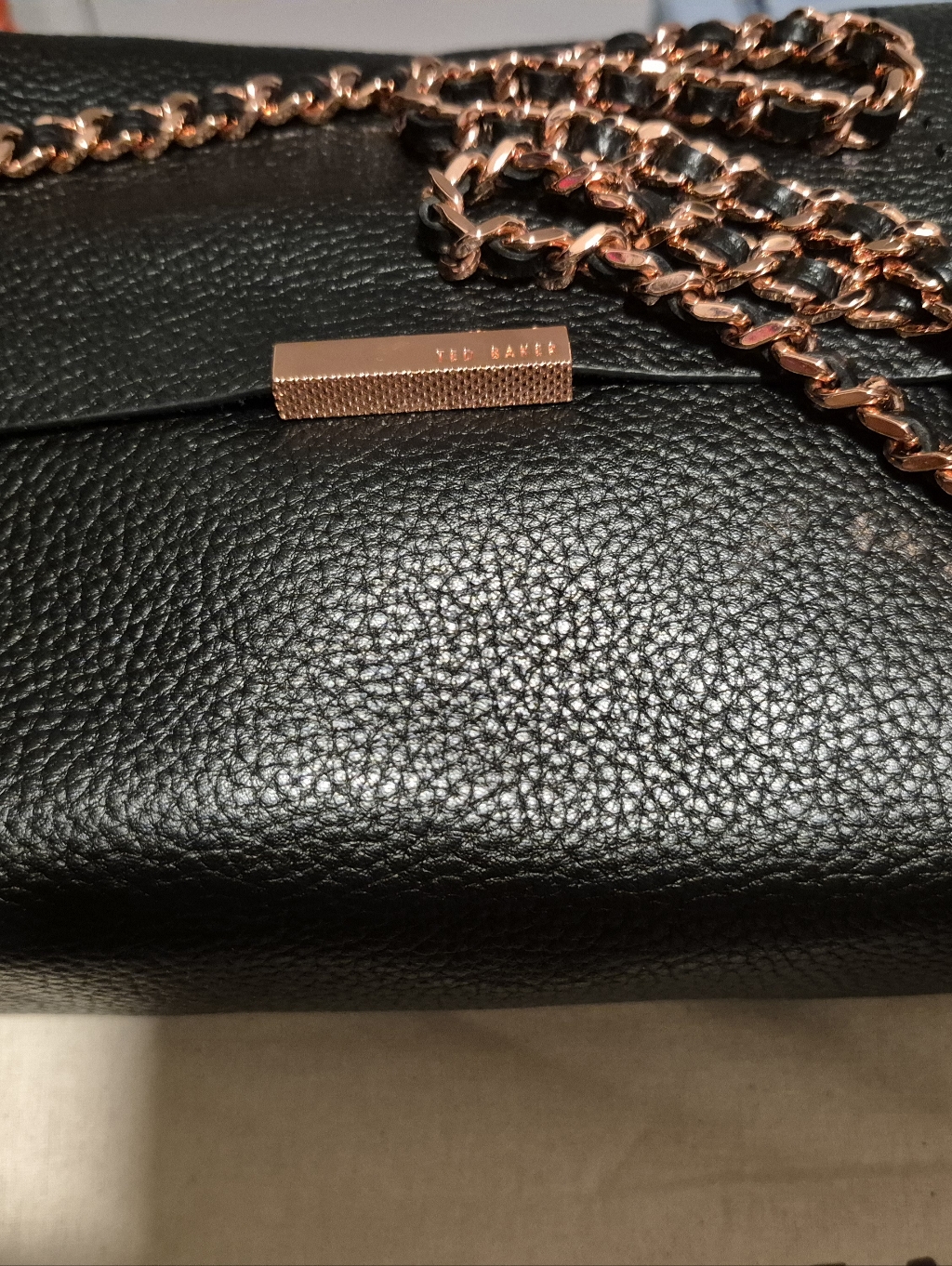 Ted Baker Black Pebbled Leather Crossbody With Rose Gold Chain Detail